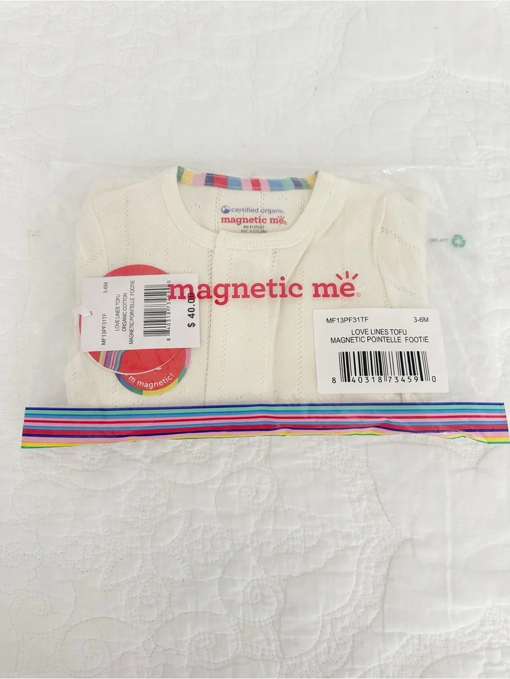 NWT Magnetic Me Organic Cotton LOVE LINES TOFU Pointelle Footie Sleeper 3-6 mos